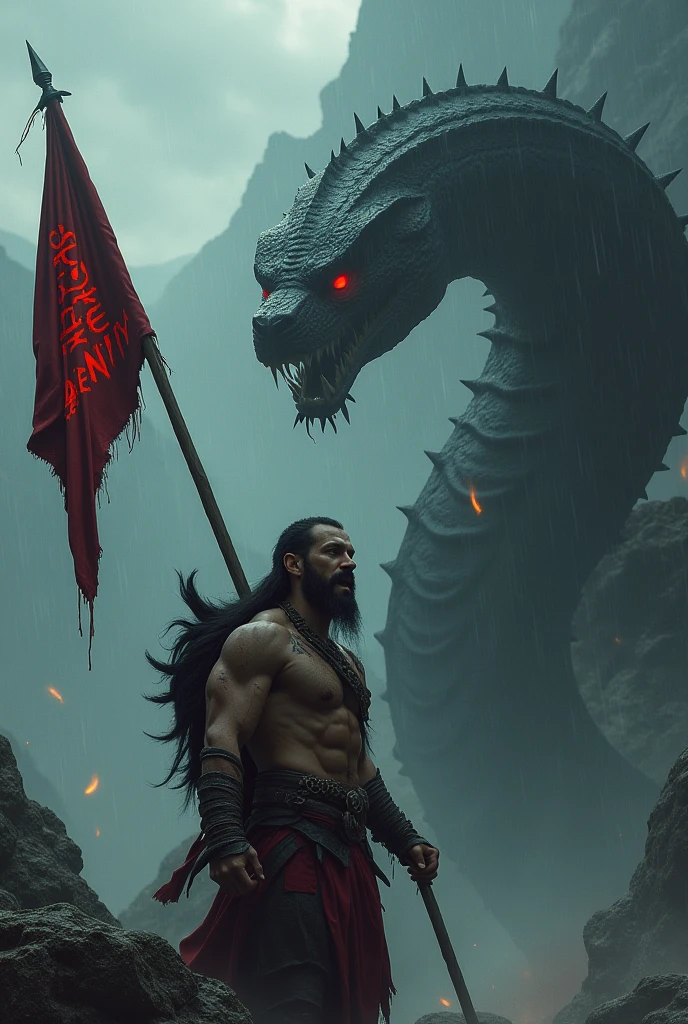 There is a warrior he is young and lean body six packs and the warrior is in red eyes and laughing scary hard and have lond beard small mustache in black colour while he was about to die in balck clothes spikes and flying which look dangerous and dark atmosphere and slightly raining he is hold a spear which attached to a flag in the flag SAVAGE SERENITY is written in red blood colour in darky fonts and he's left side a colossal bigger than a mountain snake in balck colour simple snake like structure is there which protects the warrior and in background a mountains in sunset mode The image should be quite far to see ;