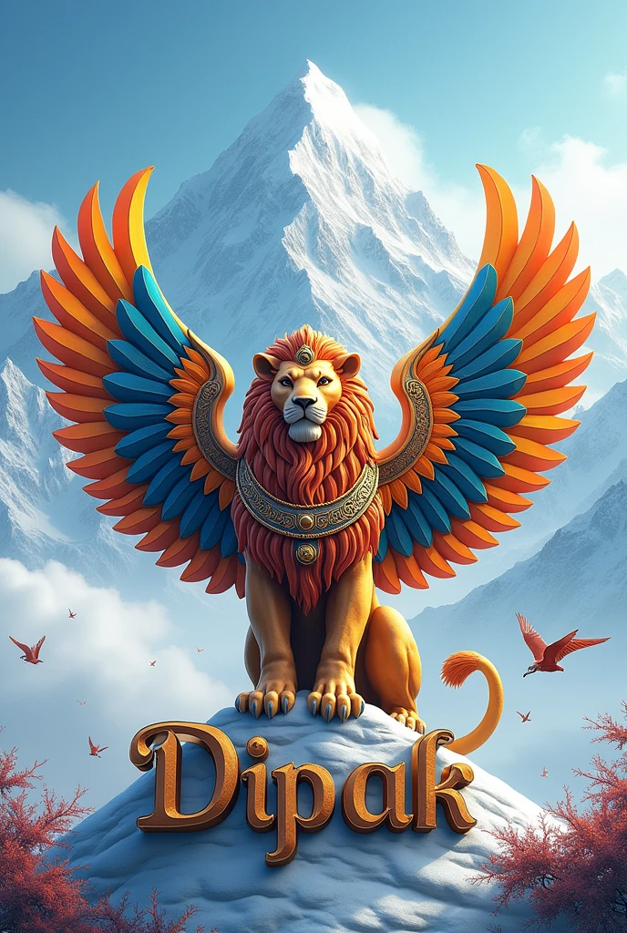 Colorful fancy Name Dipak writen on bottam of tri colour Ashok chakra lion with tri colour wings, backgroud is white Himalay