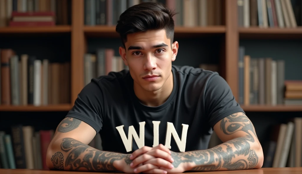 A young man with short dark hair and light skin sits at a desk, wearing a dark t-shirt. He has several tattoos visible on his arms and is positioned in front of a wooden bookshelf filled with books. The word WIN is prominently displayed in the center of the image, creating a motivational theme. The setting appears informal and inviting.