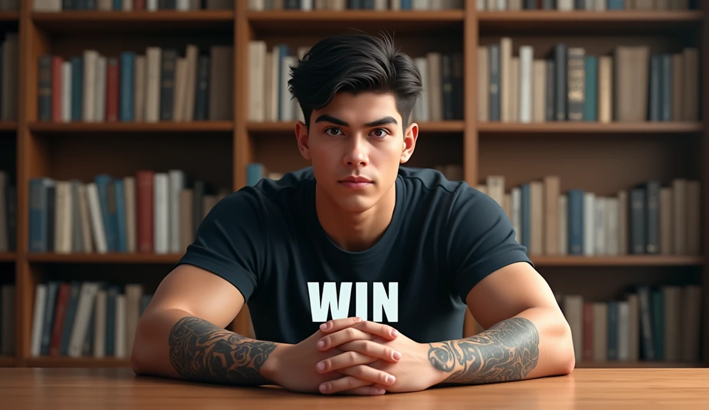 A young man with short dark hair and light skin sits at a desk, wearing a dark t-shirt. He has several tattoos visible on his arms and is positioned in front of a wooden bookshelf filled with books. The word WIN is prominently displayed in the center of the image, creating a motivational theme. The setting appears informal and inviting.