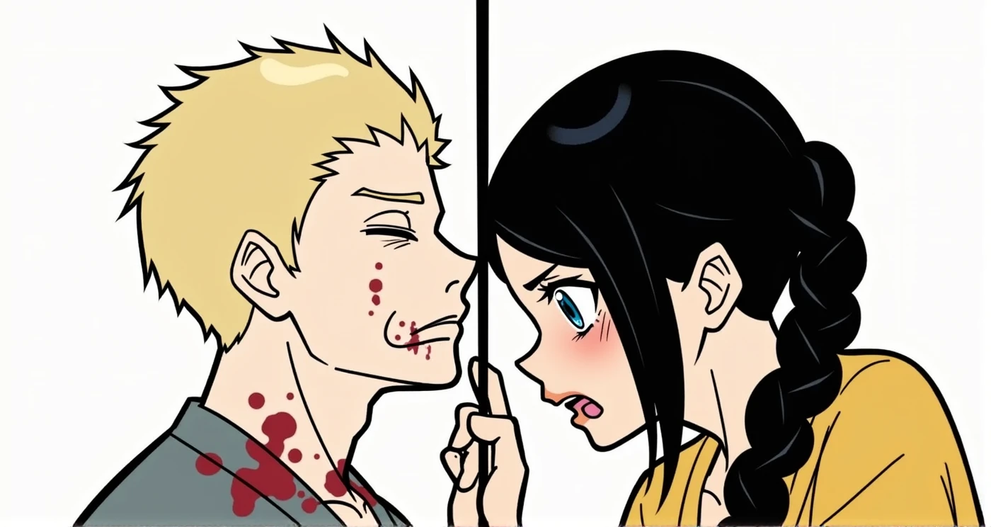 The guy is blond with a handsome muscular body, eyes closed, sad smile, Blood is running from his mouth, covered in blood, the girl has long black hair in a braid, crying, Blue eyes, anime art, masterpiece, good quality