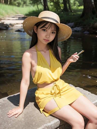 1 girl, brown hair, naked, white cap, tropical seaside, natural skin, Sunlight coming in, Various feminine poses