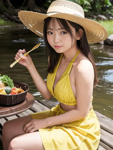 river, happy, (eating lunch), sitting, semi long, (yellow halter top), (Gainsboro skirt), (with a Lunch box), Japanese, with a river, calm atmosphere, nsfw, cowboy shot, low angle shot, dappled sunlight