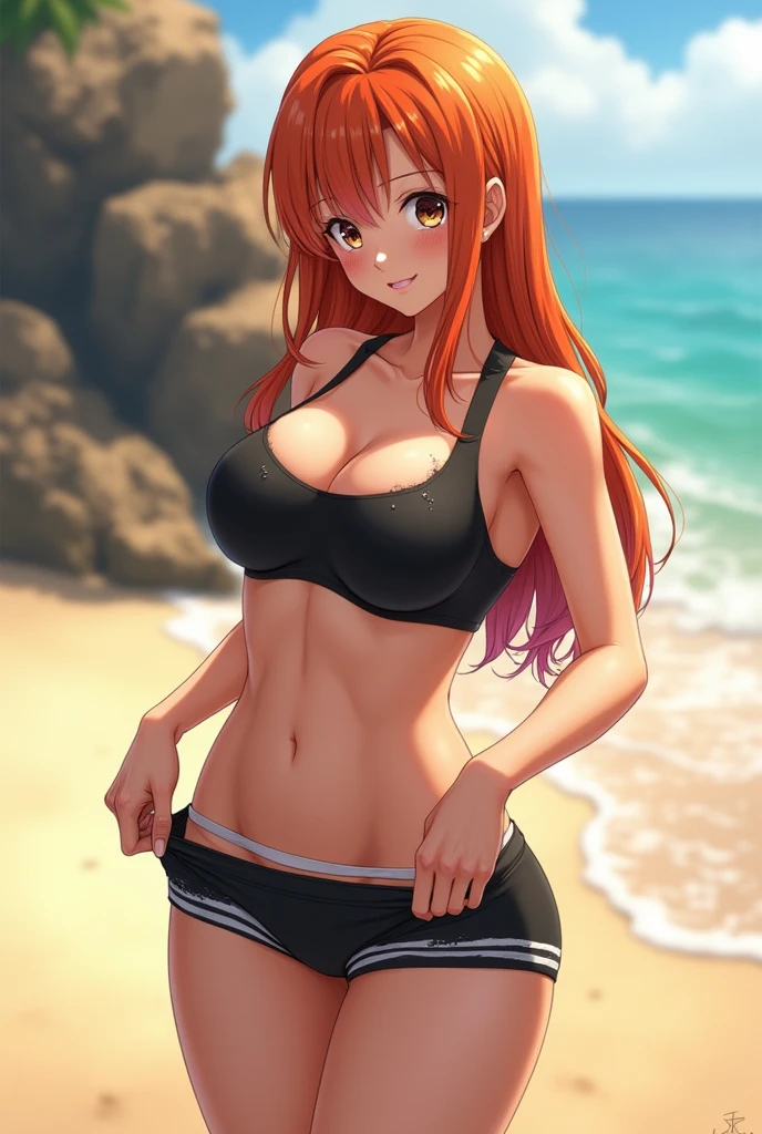 ((masterpiece)), (best quality), (detailed), (1 girl), beach,outdoor,
AND ((masterpiece)), (best quality), (detailed),on short yoga pants, Yoga vest, orange hair, undressing pants, pant pull down, Nami (onepiece_nami), post time skip nami, sexy, sexy art, small waist, curvy, Taking off her yoga pants, wet, sweaty, blushing, micro bra, black panties, big breast, yoga croptop, wet body, soft skin, 2.5D anime, high quality, detailed anime art, detailed artstyle
