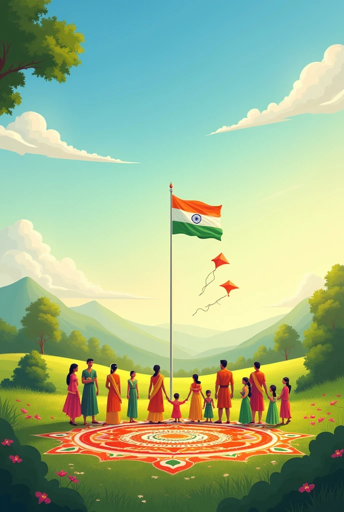 Picture a serene and picturesque setting: an open field at dawn with a big base with a Indian national flag on a pole, where traditional Indian motifs like Rangoli (intricate patterns) are displayed on the ground. Families and friends are gathered, dressed in vibrant traditional attire, participating in joyous activities such as flying colorful kites, playing traditional instruments, and sharing festive foods. A backdrop of lush greenery, with gentle hills and a clear blue sky, adds to the peaceful atmosphere. This scene highlights unity, heritage, and celebration, embodying the spirit of independence through cultural appreciation with a big Indian rather than political symbolism.