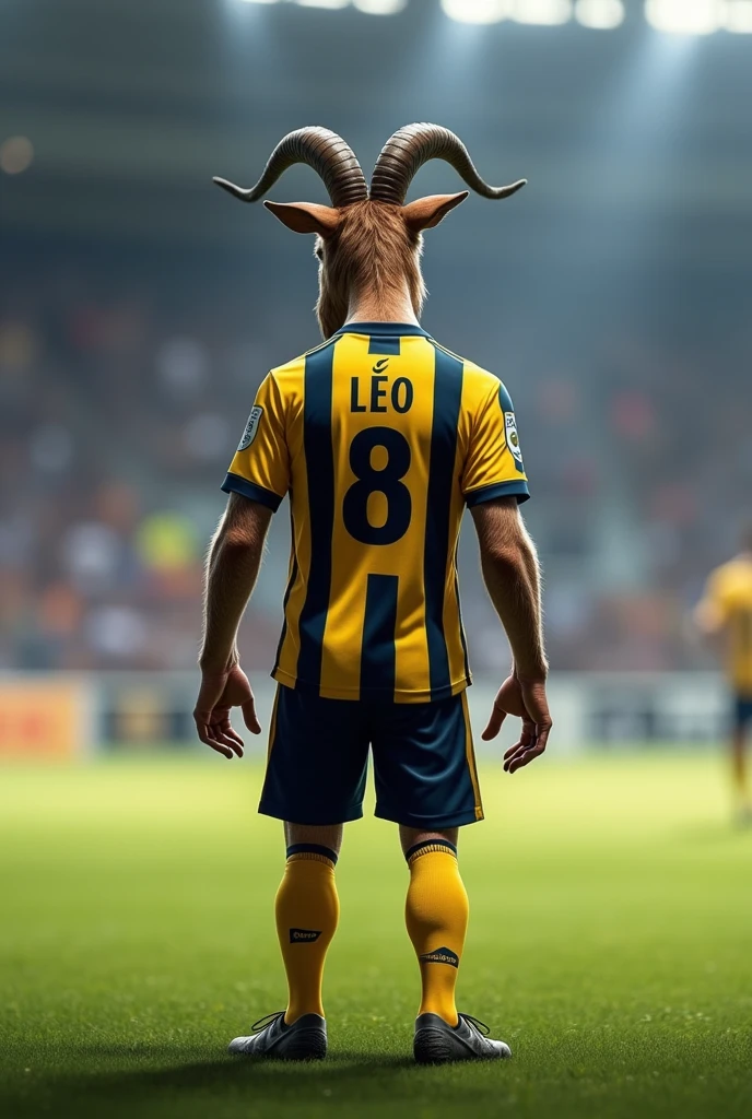 Goat&#39;s back. Playing for the Peñarol football team , wearing a yellow and black striped shirt with the number 8 on the back and his name "Leo"