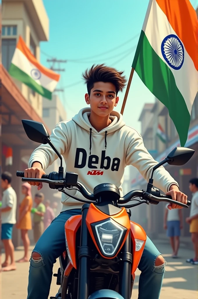 realistic Indian 18 year old boy sitting KTM bike Holding Indian flag and celebrating India festival happy independence day with background of blue sky in Indian Street and boy wearing white hoodie with name”deba’ style hair on it by the way childrens are holding Indian flag playinga round, some children also playing, and someuncles drinking tea at a shop. also a text written “Happy independence day”at top, 3D art painting real photowith high resolution