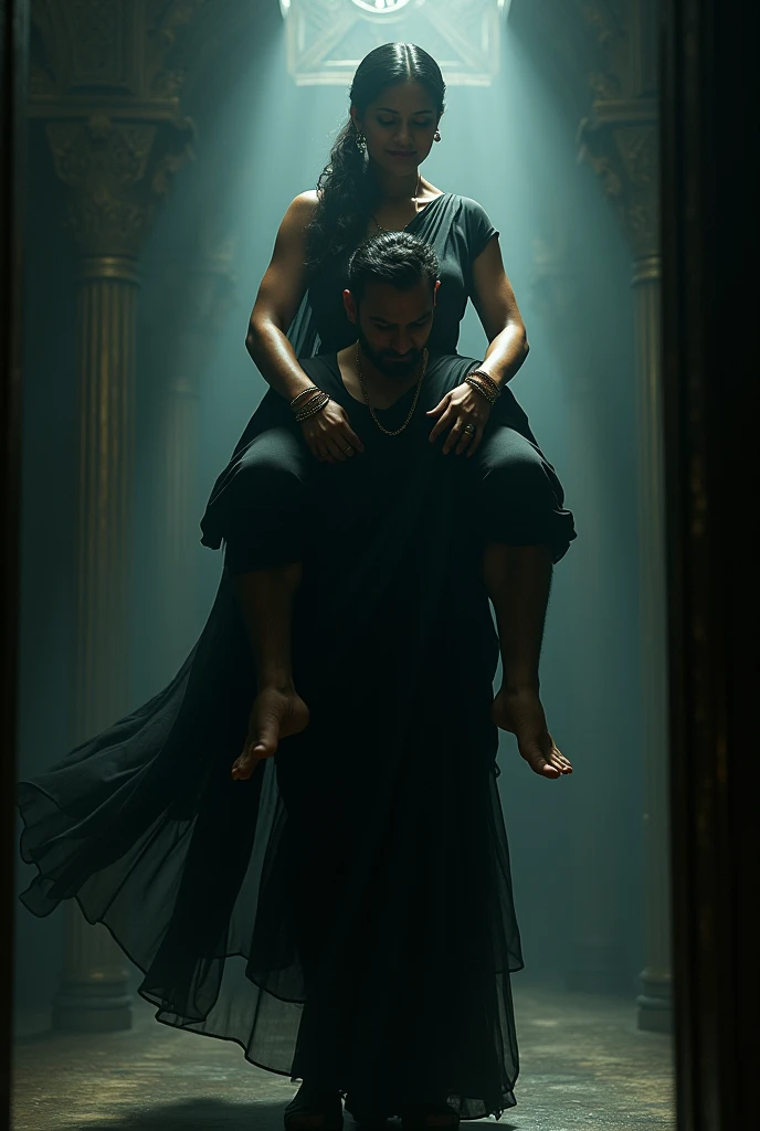 Inside a dark room a smiling and beautiful Indian actress in black saree is carrying a large man on her shoulders, man is sitting on her shoulders