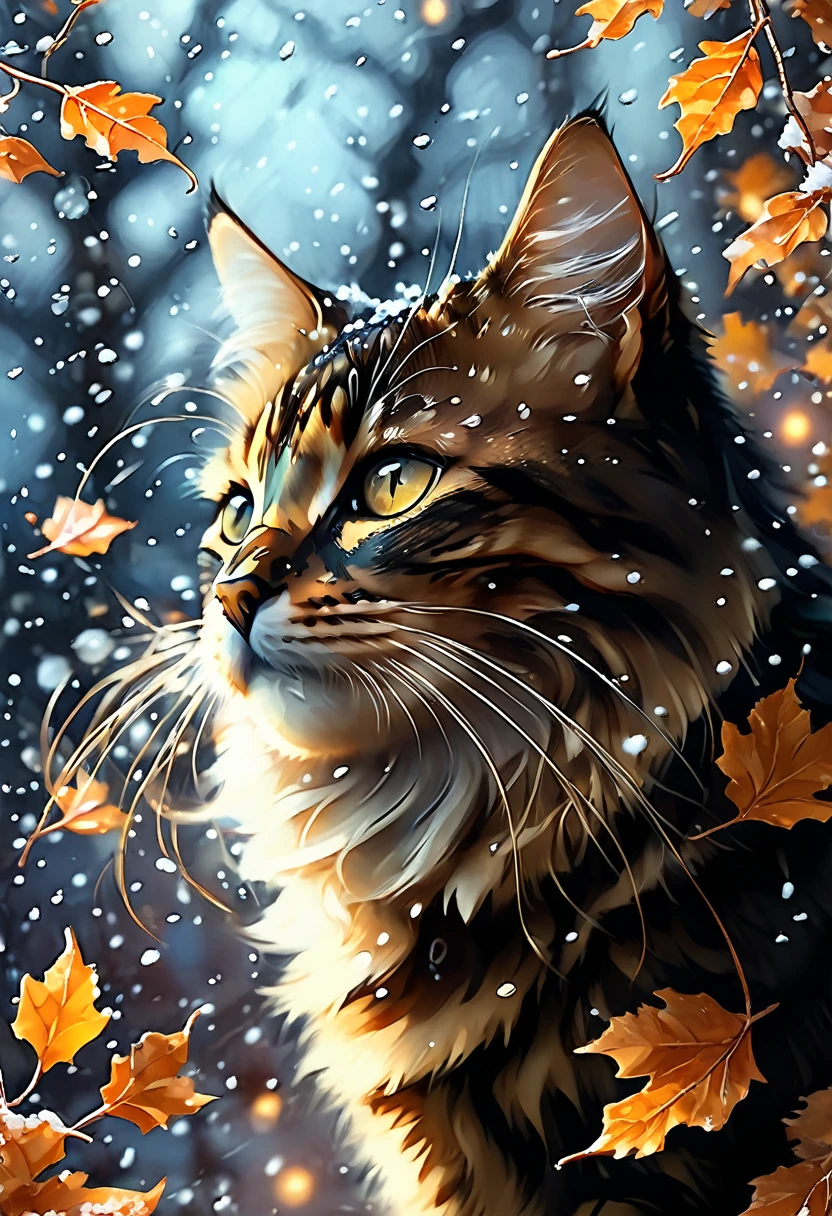 Midjourney, MJ, Midjourney style, poster, light background, close-up, mj, RTX, 4k, HDR, Anna Razumovskaya, Casey Baugh, Antonio Mora, Aminola Rezai, Giovanni Boldini, art, realistic art. cat, first snow, flakes, partial snow cover, film still, breathtaking, falling leaves, melancholic mood, nature's farewell in the rustling of gusts of wind, photorealism, film grain, film still, bokeh, intricate detail, perfect composition, beautiful detailed complexity Insanely Detailed Octane Rendering, 4k Fine Art Photography, Photorealistic Concept Art, Soft Natural Volume Cinematic Perfect Light, Chiaroscuro, Award Winning Photography, Masterpiece, Oil on Canvas,