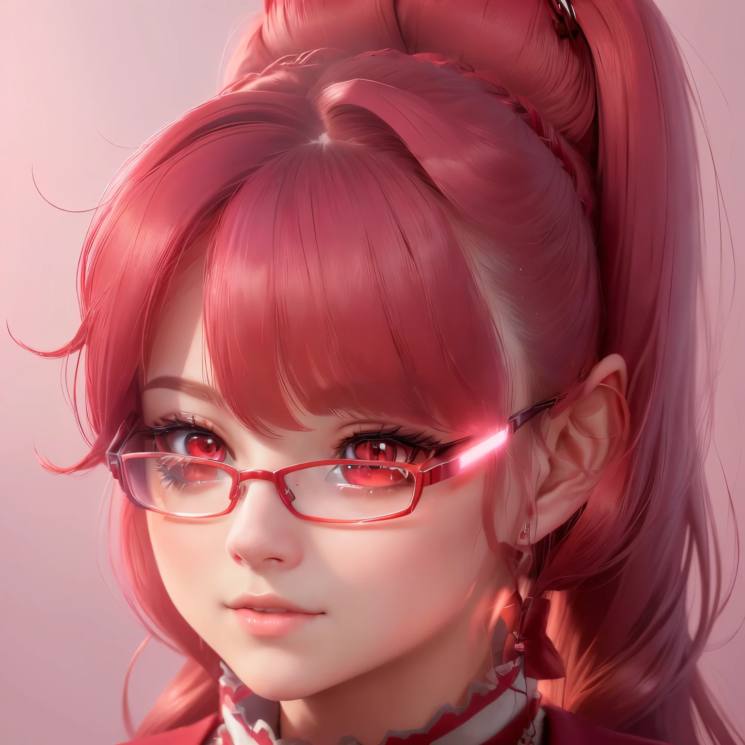 a close up of a woman with glasses and a red tie, ((red)) Swollen eyes, wearing red tainted glasses, Cute realistic portrait, realistic young anime, second life avatar, !!Wearing modern glasses!!, Anime-style 3D, Lalafell, Pink pigtails and cyan eyes, 8k, Cute natural anime face, In-game images