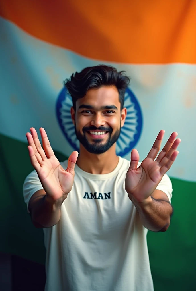 25 years of man with front side indian flag on hands with indian color background and aman name written on shirt 
