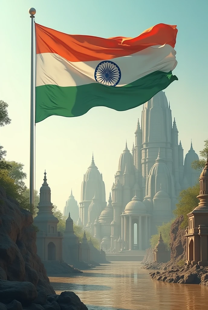 India as a developed nation 2047 with a big Indian flag inside a new unique modern Haridwar Temple city having temple like tall buildings 