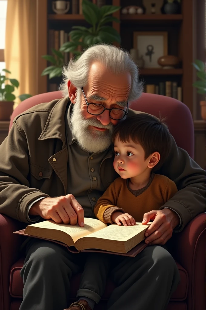Grandfather and grandson in the house hear poet