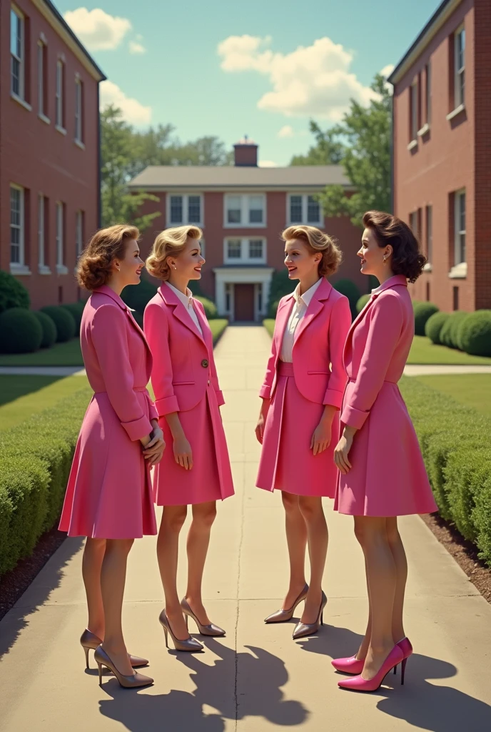 Creates a group of 4 girls  in the 1950's With pink jackets and in a school