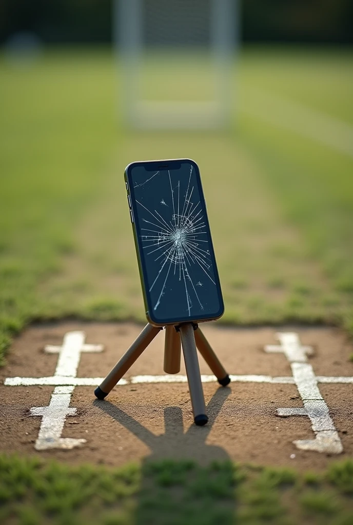 "Create an image showing a broken phone placed on a tripod inside a cricket pitch’s bowling box. The phone is positioned where a bowler would typically be during a delivery."