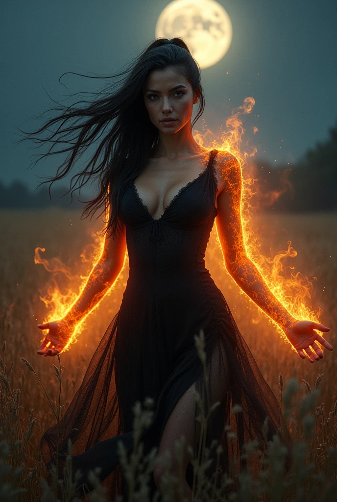 woman, black hair up, big bust, black dress covered in fire, standing in grass, arms open, at night, full moon in the background, looking at the camera, photorealistic