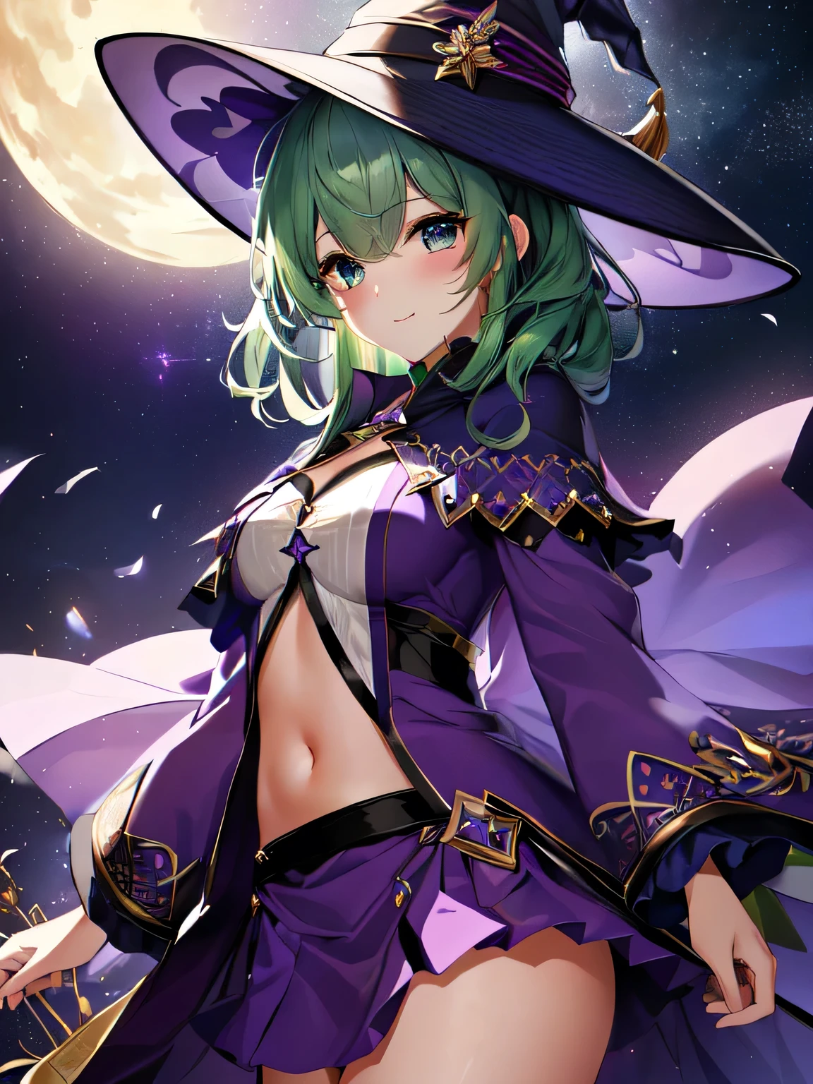 Highest quality、Highest quality、4K、Beautiful paper、Beautiful eyes、(belly button)、(Purple Magical Hat)、(Green Hair)