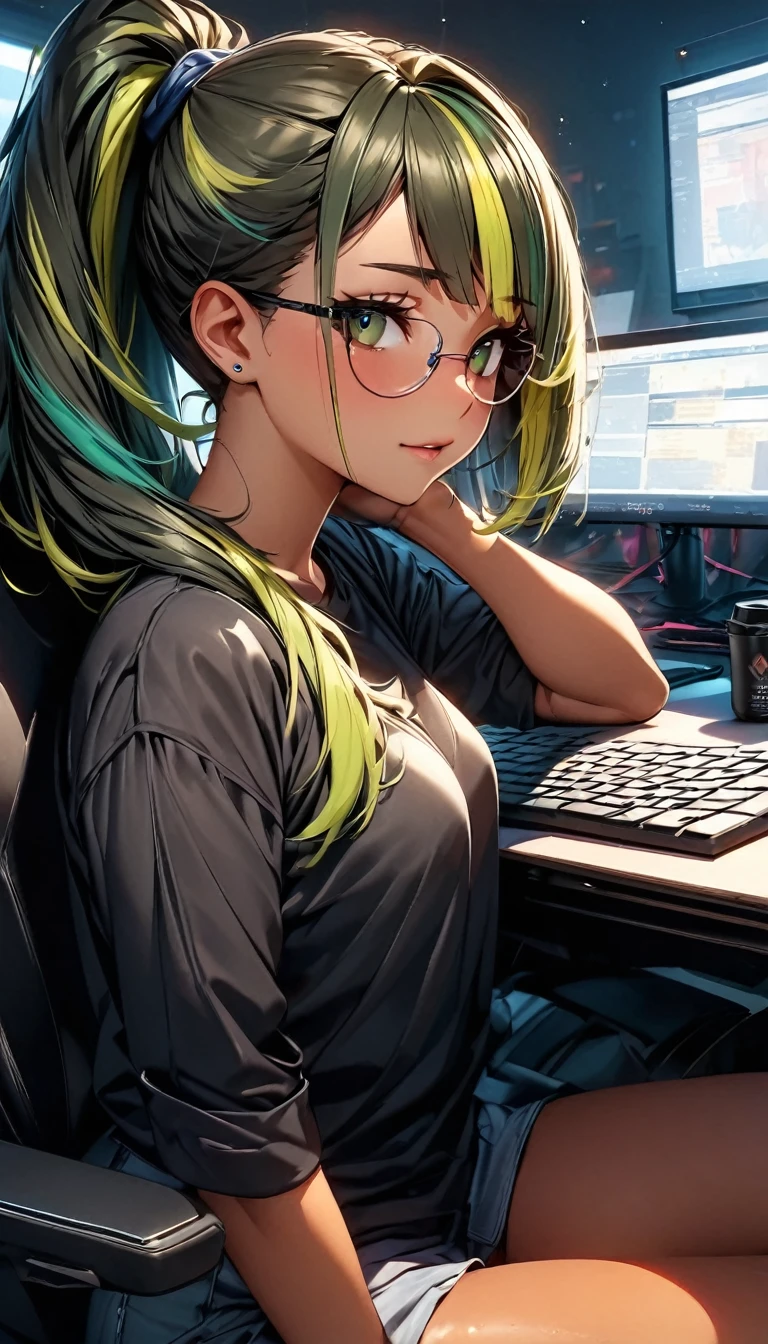 (highest quality:1.2, Very detailed, up to date, Vibrant, Ultra-high resolution, High Contrast, masterpiece:1.2, highest quality, Best aesthetics), Portraiture、girl、((25 years old:1.8)), (slim:1.2), Bright colors、Beautiful fine details、Beautiful lip detail、long hair, (ponytail:1.3), white and yellow green ((streaked hair:1.6)), highlights hair: 1.5, (small breast,:1) (tan skin:1.2), black t-shirt, pants, wear headphonr:1, game programer, programming on the desk PC., sitting gaming chair, glasses, side shot, (cowboy shot:1.1), (look at PC on the desk:1), upper body