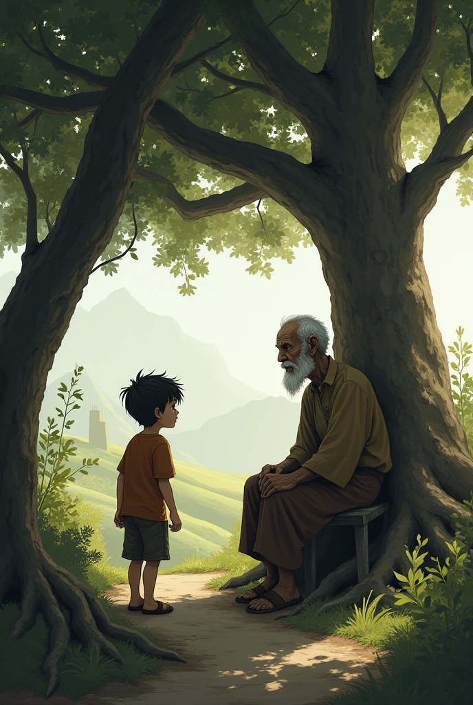 A boy Saw a poor old man Under a tree