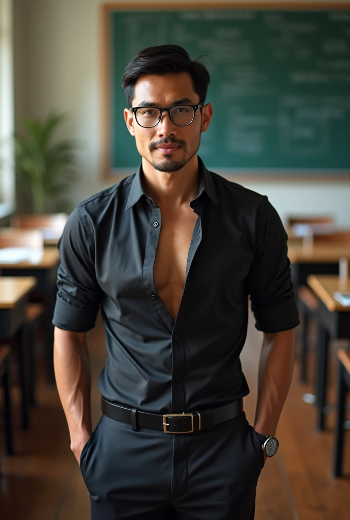 Vietnamese gentleman, 25 years old,super big breasts ,teacher,shiny tight clothes, tanned skin,Handsome and elegant,wear glasses, sexy , Masculine and handsome，musculous，Muscles look good,,, Full body photo,(ultra-detailed, photorealistic, best quality, 4k, 8k, highres, masterpiece:1.3), a mature man, charming and distinguished , (muscular build body), wearing tailored shiny  dress shirt,  sweat, unbutton buttons shirt, lewd face ,tight chest, sex,See-through shirt, erotic, horny, , Accessories include a luxury wristwatch, in the Classroom‎,looking at viewer,muscle veins,no underwear ,Tight shirt makes muscle,unbutton,six pack,squat,view from below