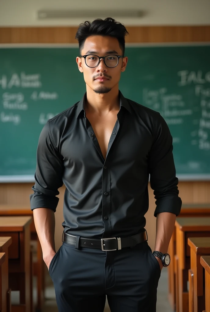 Vietnamese gentleman, 25 years old,super big breasts ,teacher,shiny tight clothes, tanned skin,Handsome and elegant,wear glasses, sexy , Masculine and handsome,musculous,Muscles look good,,, Full body photo,(ultra-detailed, photorealistic, best quality, 4k, 8k, highres, masterpiece:1.3), a mature man, charming and distinguished , (muscular build body), wearing tailored shiny dress shirt, sweat, unbutton buttons shirt, lewd face ,tight chest, sex,See-through shirt, erotic, horny, , Accessories include a luxury wristwatch, in the Classroom,looking at viewer,muscle veins,no underwear ,Tight shirt makes muscle,unbutton,six pack,squat,view from below