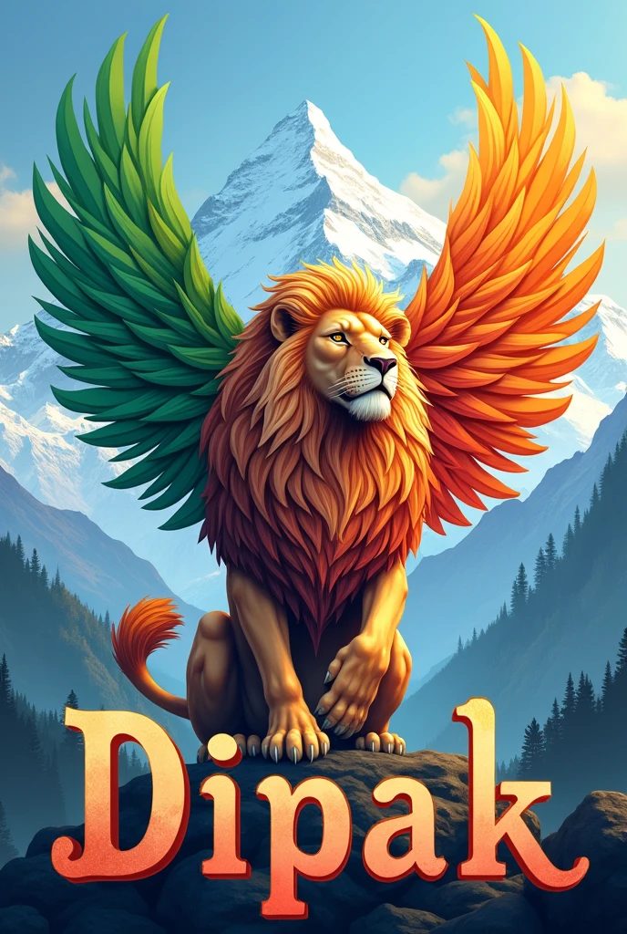 Colorful fancy Name Dipak writen on bottam of tri colour Ashok chakra lion with Indian flag tri colour wings, backgroud is white Himalay