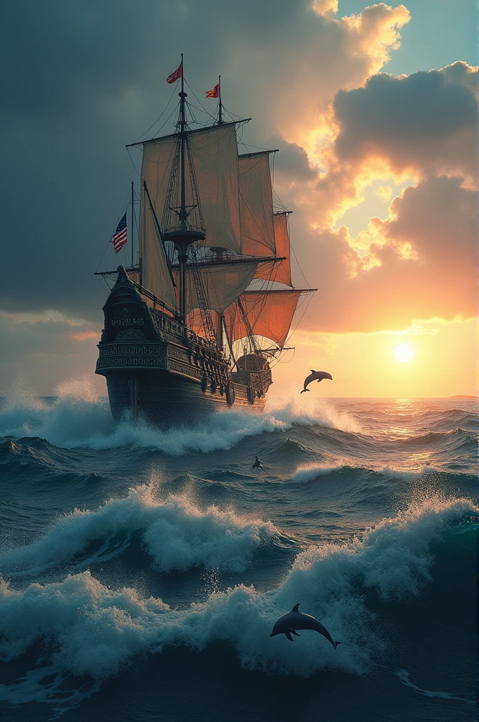 a pirate ship, Sailing through a storm with dolphins by my side. The sun smiles on the horizon, 3D render 32K 300dpi UHD 300dpi hyperrealistic Kodak photo colors abstract graphics