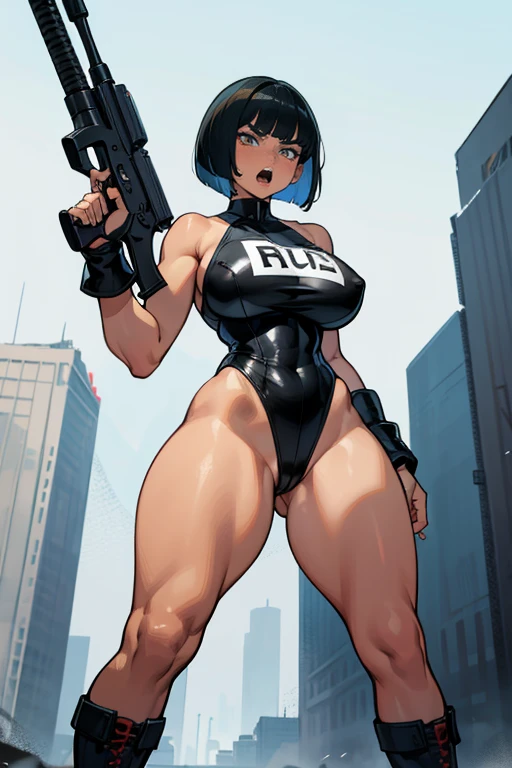  thick hips,  thick thighs, platform  heels, high cut leotard, huge breast, thin waist, bob cut hair, weapon, tanned skin, gun, angry look, scream, thick body,