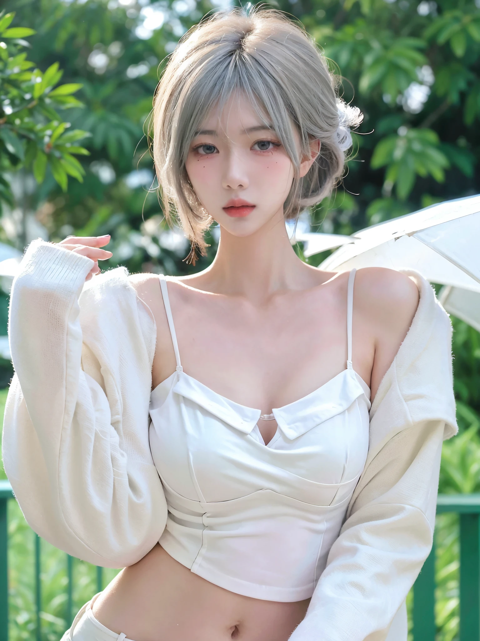 Beautiful woman with perfect figure:1.4,snow,Touching butt with both hands,snow背景,Layered Hairstyle,White skin,Prominent cleavage,Pleated Skirt,whole body,Very delicate face and skin texture,Double eyelids,Skin Whitening,Long white hair