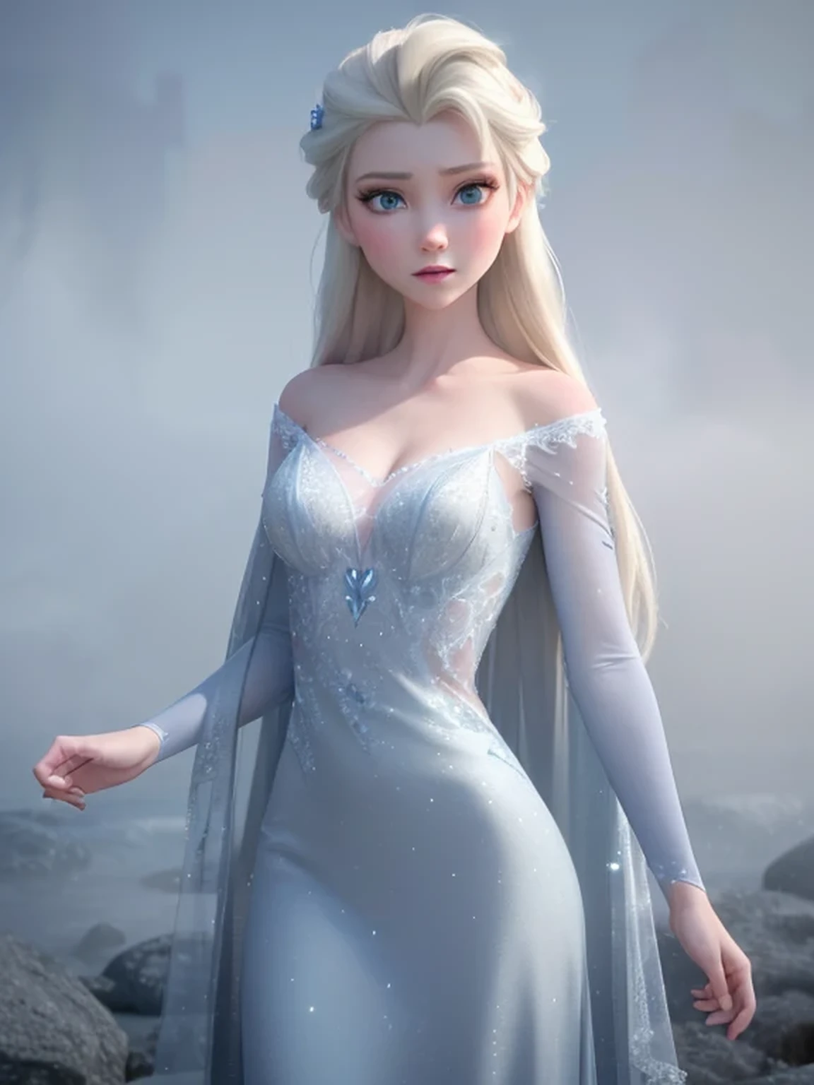 (((Foggy Background:1.3, fantastic mist, Mysterious Fog:1.3))), elsa of arendelle, long hair, white cape, blue ice dress, snow, ice, Crystal Castle, posing like a model, very beautiful face, crystals, dreamy and fantastical atmosphere, Ultimate beauty, Looking at the viewer, Winter Scenery, ((masterpiece, best quality, Highly detailed CG, high resolution)), 8k wallpaper