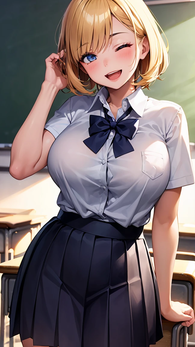 (gleaming skin:1.3), (18yo girl:1.8), blush, laughing, A milf with blonde short hair, tan skin, sky-blue eyes, open mouth, wearing a white bikini, breast,standing, (classroom:1.6). arms behind back. 1girl, extremely detailed CG, super detailed skin, perfect anatomy, dynamic lighting, beautiful detailed eyes, Top quality、Realistic、woman、milf 、Beautiful Eyes、Symmetrical eyes、evil smile、one eye closed, right eye closed, (Big breasts bigger than face、curvy body:1.2)、 (summe school uniform, skirt:1.6), (gleaming skin:1.4)、walkings、BREAK nsfw, skirt hand lift,