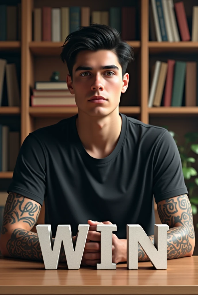 A young man with short dark hair and light skin sits at a desk, wearing a dark t-shirt. He has several tattoos visible on his arms and is positioned in front of a wooden bookshelf filled with books. The word WIN is prominently displayed in the center of the image, creating a motivational theme. The setting appears informal and inviting.