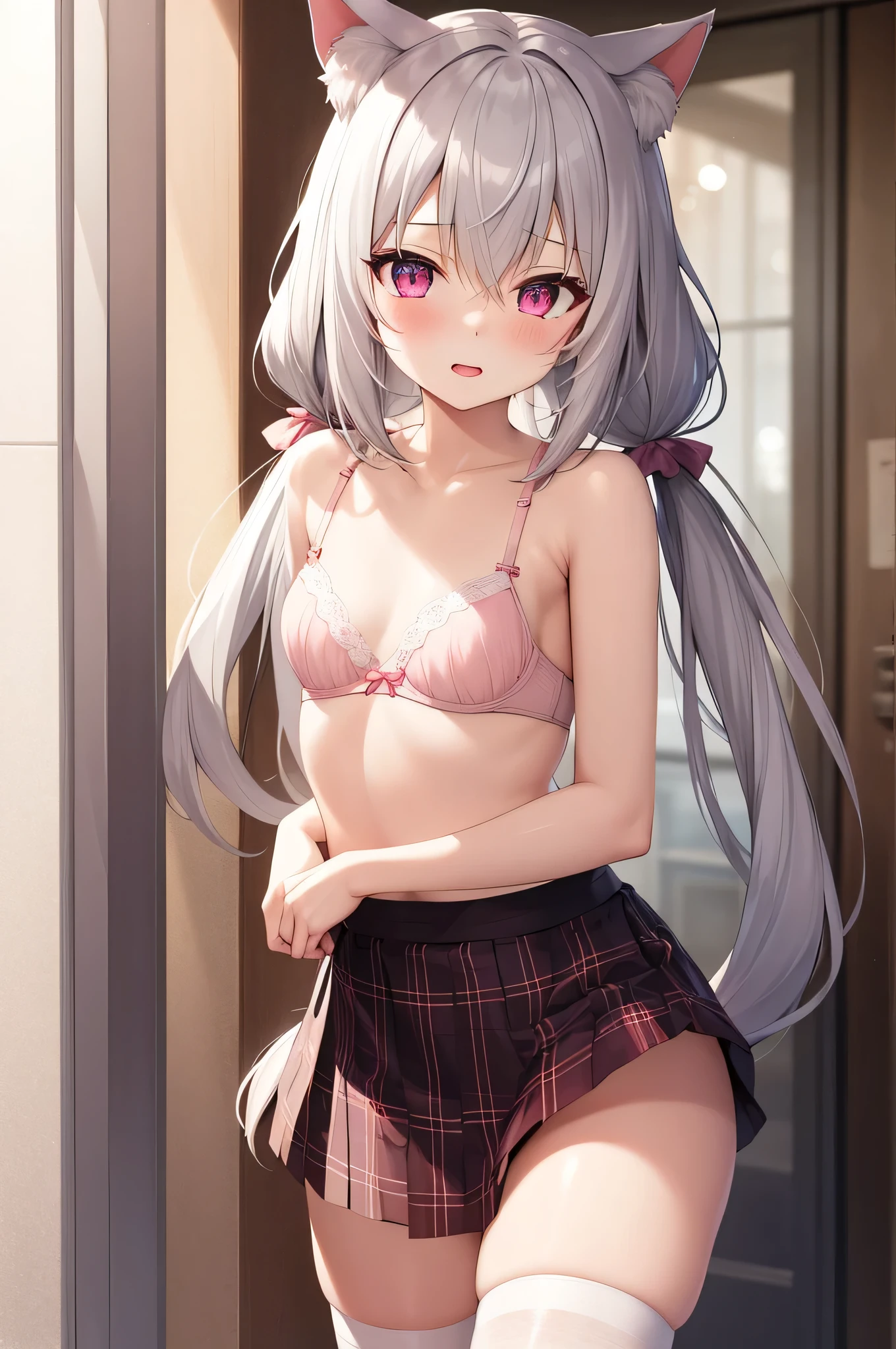 1girl, cat girl, Cat ears, grey hair, streaked hair, pink hair, long hair, hair between eyes, twintails, sailor collar, A small chest, extremely_detailed_CG_unity_8k_wallpaper, highres, absurdres, beautiful_detailed_eyes, finely_detailed_clothing, finely_detailed_light, highly_detail_hair_, Beautiful eyes,
colorful, light rays, caustics, aistics, lens flare, bokeh, nsfw, pink eyes, White silk stockings, JK Uniform Plaid Skirt, school uniform, Light pink mini skirt, blush,
score_anime, score_9_up, masterpiece, beautiful scenery, lovely, an unbuttoned shirt, charming, sexually suggestive, pink bra, lace lingerie, Half taken off short skirt, A slender young girl, Little butt
