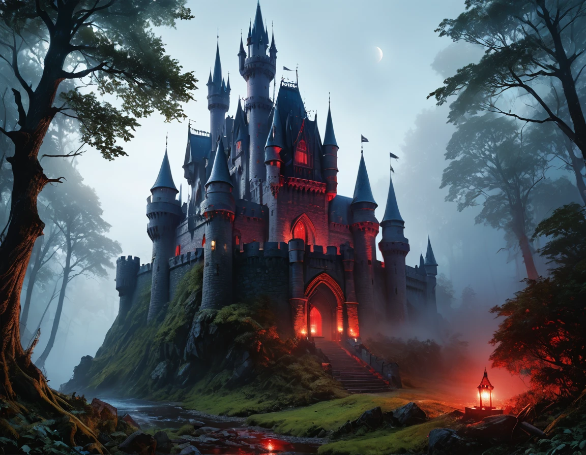 a picture of goth fantasy castle at night surrounded half covered by a ((fog: 1,5)),  a dark fantasy castle, (goth castle: 1.4), with towers and (red light : 1.4) coming out of the windows, the castle sits on a hill with few trees, the ((fog covers the ground and some of the castle)), it is night time, the moon is full, dynamic color moon, some stars, dark fantasy forest,  (best details, Masterpiece, best quality :1.5), ultra best realistic pictures , best details, best quality, 16k, [ultra detailed], masterpiece, best quality, (extremely detailed), ultra wide shot, photorealism, depth of field,