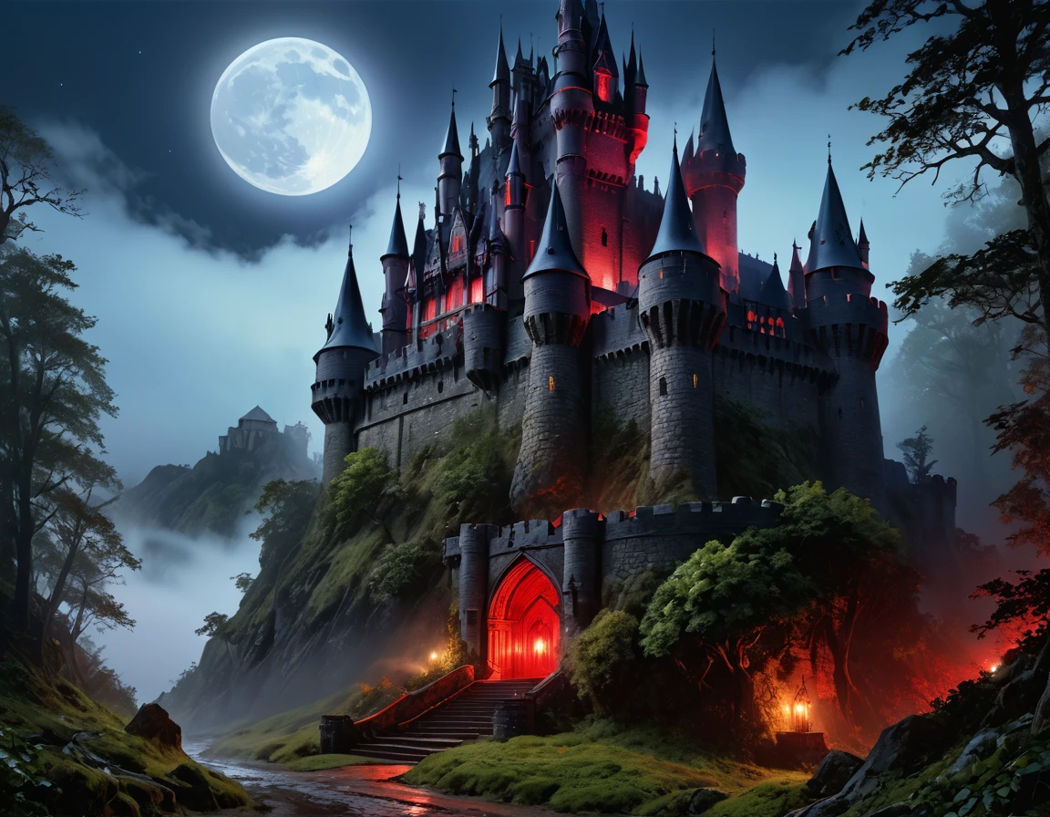 a picture of goth fantasy castle at night surrounded half covered by a ((fog: 1,5)),  a dark fantasy castle, (goth castle: 1.4), with towers and (red light : 1.4) coming out of the windows, the castle sits on a hill with few trees, the ((fog covers the ground and some of the castle)), it is night time, the moon is full, dynamic color moon, some stars, dark fantasy forest,  (best details, Masterpiece, best quality :1.5), ultra best realistic pictures , best details, best quality, 16k, [ultra detailed], masterpiece, best quality, (extremely detailed), ultra wide shot, photorealism, depth of field,