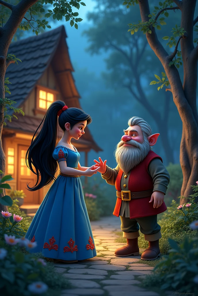 Princess with long, black hair tied up in a ponytail with a red ribbon. she wears a blue dress, Red and white with a yellow belt around the waist.
She is in the backyard of a wooden cottage in the middle of the forest at night. She is talking to a grumpy dwarf., He doesn't have a beard and has brown hair