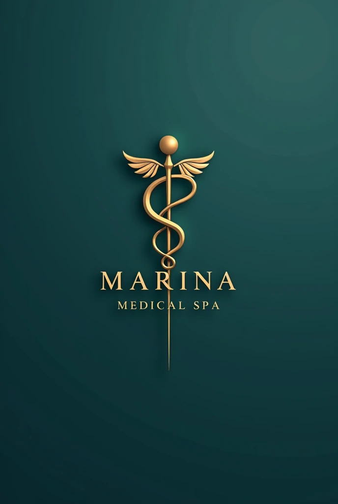 Make me a logo with a minimalist and elegant approach. In the middle, the symbol of Aesculapius, represented by a stylized serpent that gently coils around a thin, polished staff. The staff is golden, radiating a sense of luxury and distinction. 

The background is a soft shade of navy blue or emerald green, evoking tranquility and health. The serpent lines are thin and silver, complementing the staff and adding a modern and sophisticated touch. 

Below the symbol, the name of the spa is called MARINA MEDICAL SPA is written in an elegant serif font, also in gold, to harmonize with the staff. The typography has a classic but modern style, projecting confidence and professionalism. 

On the whole, the logo communicates a feeling of well-being, high quality and exclusive medical care, ideal for a medical spa.