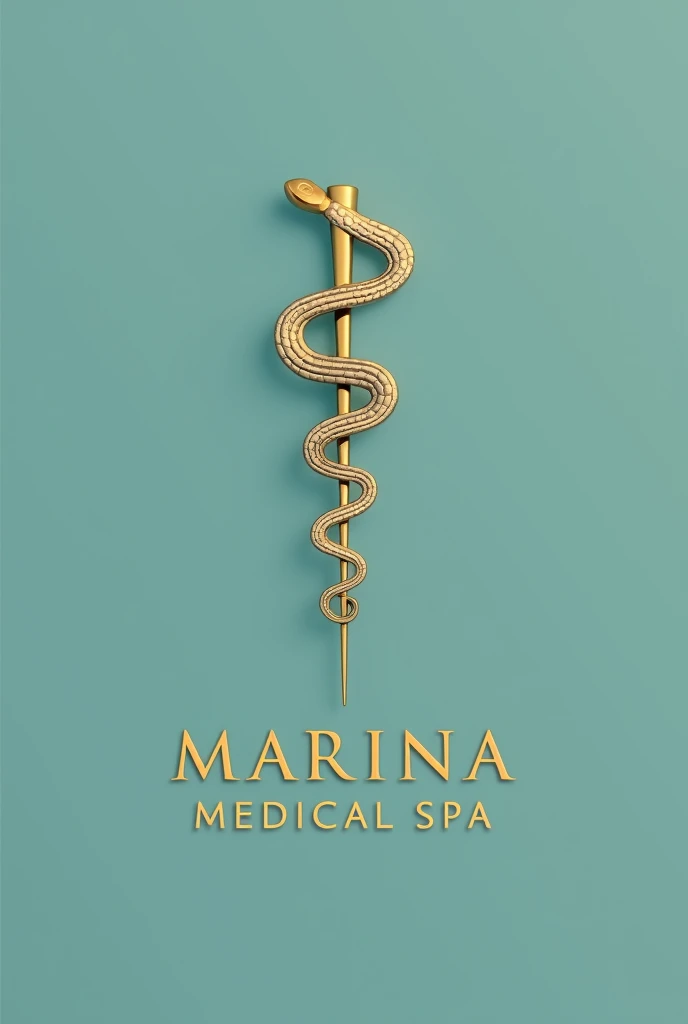 Make me a logo with a minimalist and elegant approach. In the middle, the symbol of Aesculapius, represented by a stylized serpent that gently coils around a thin, polished staff. The staff is golden, radiating a sense of luxury and distinction.
The background is a soft shade of navy blue or emerald green, evoking tranquility and health. The serpent lines are thin and silver, complementing the staff and adding a modern and sophisticated touch.
Below the symbol, the name of the spa is called MARINA MEDICAL SPA is written in an elegant serif font, also in gold, to harmonize with the staff. The typography has a classic but modern style, projecting confidence and professionalism.
On the whole, the logo communicates a feeling of well-being, high quality and exclusive medical care, ideal for a medical spa.