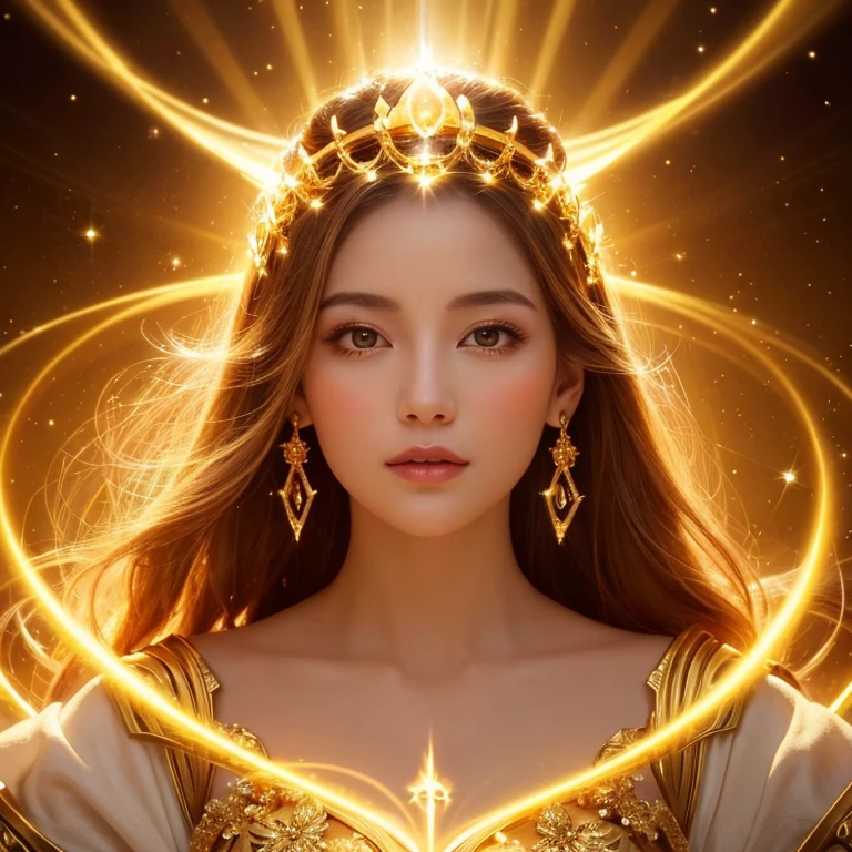 A close-up of a woman in a golden dress、Front facing、The background is illuminated with a halo.、Abstract images, Beautiful Heavenly Magician, Heavenly Goddess, The ethereal glow of gold, Fantastic Fantasy, Beautiful fantasy empress,, Goddess of space and time, A radiant golden aura, Goddess of Light, A remarkably young and enigmatic figure,White


