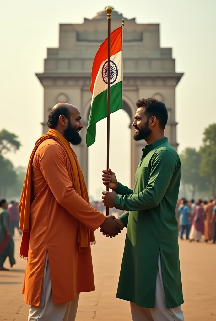 Hindu in left wearing saffron color clothes and in the right muslim wearing green kurta. Both holding indian national flag in the middle. In background India gate of delhi is there