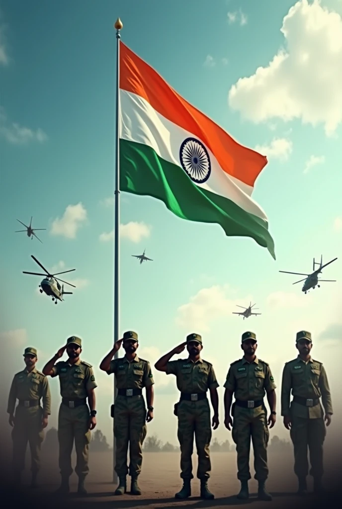 Indian flag with Indian para SF forces salute to flag around choppers , fighter jets , sky also flag tricolour and write this image ' Happy Independence day & Grow your Knowledge with " Mr. Factism " '