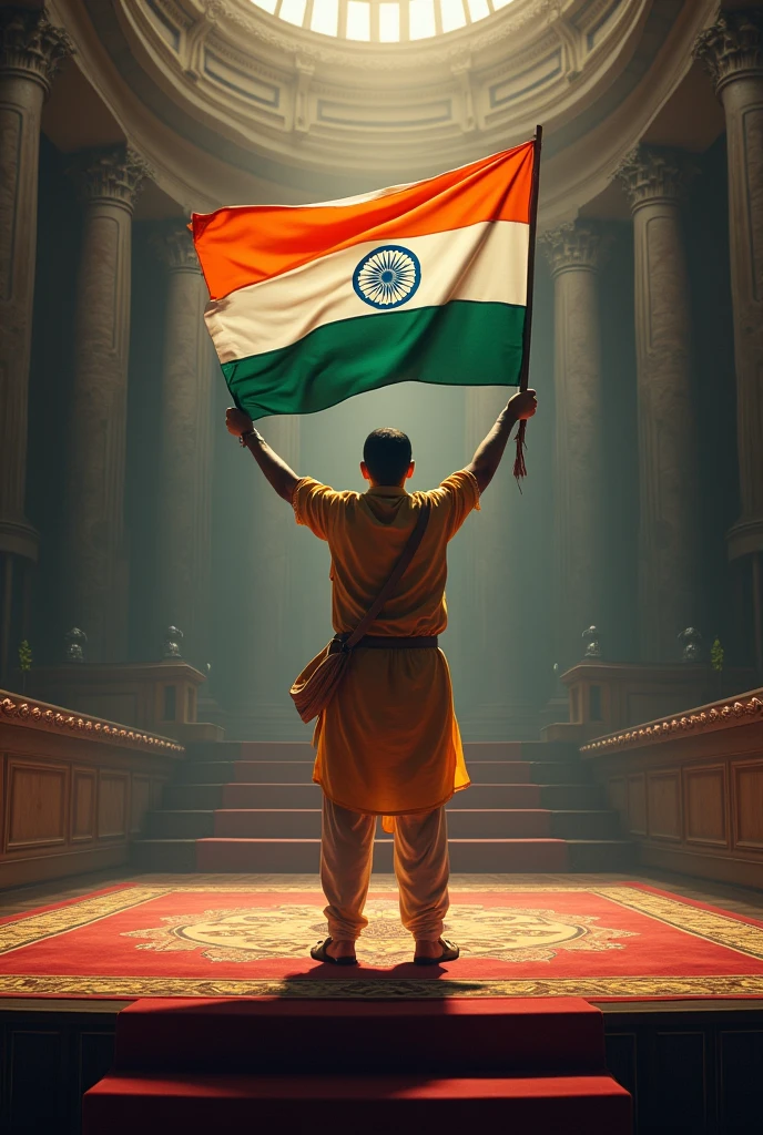 Man hosting indian flag standing in a stage and in his foot women safety is weitten