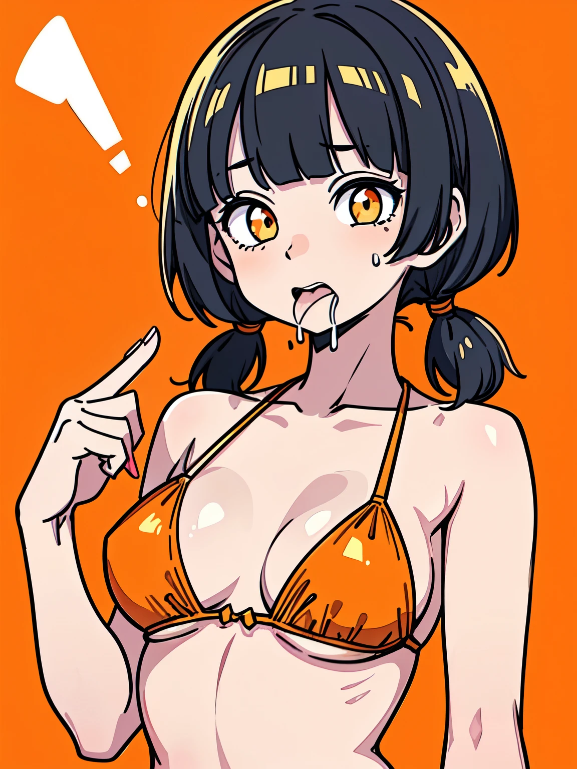 best quality, masterpiece, 1 girl, (licking, drooling:1.3), (short low twintails hair with bangs:1.3), fluorescent orange and white colored bikini, (medium breast:1.2), solid orange background