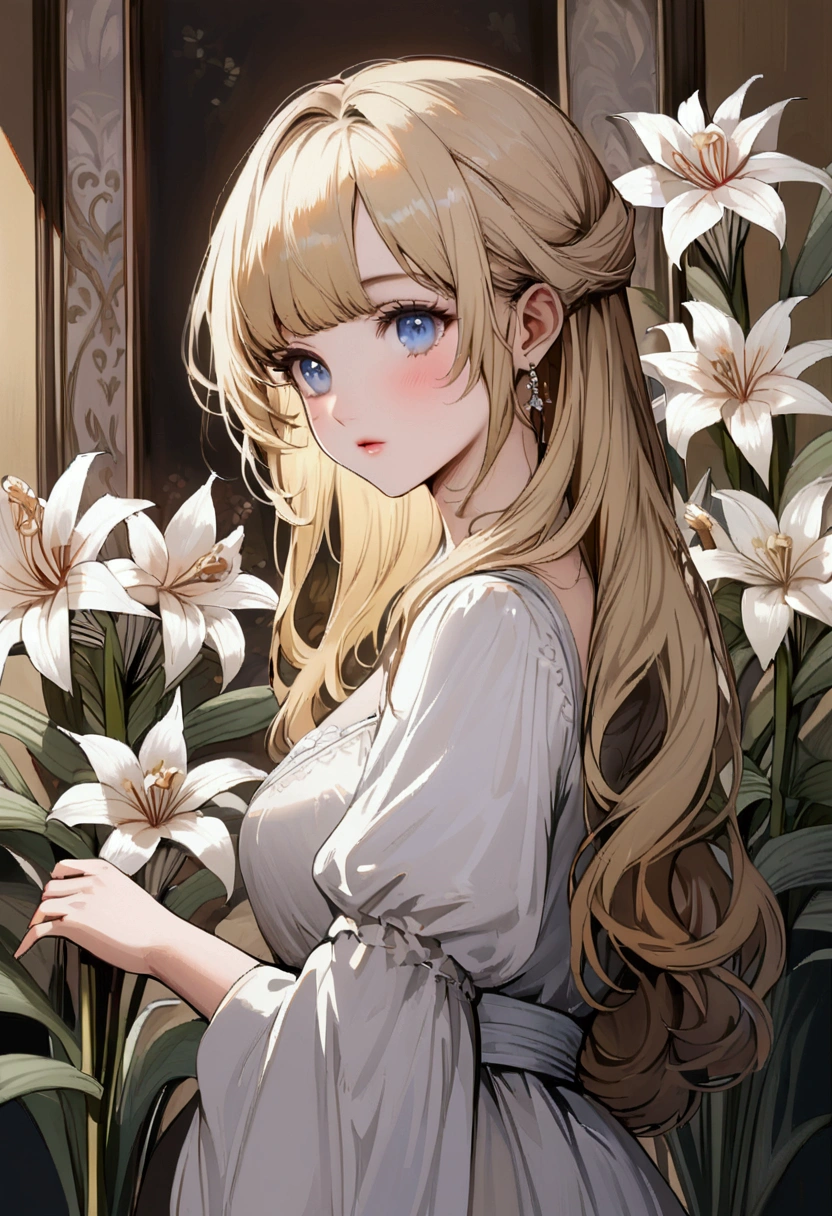 A white amaryllis and a beautiful girl with blonde hair and blue eyes。Facing forward。Oil painting style。
