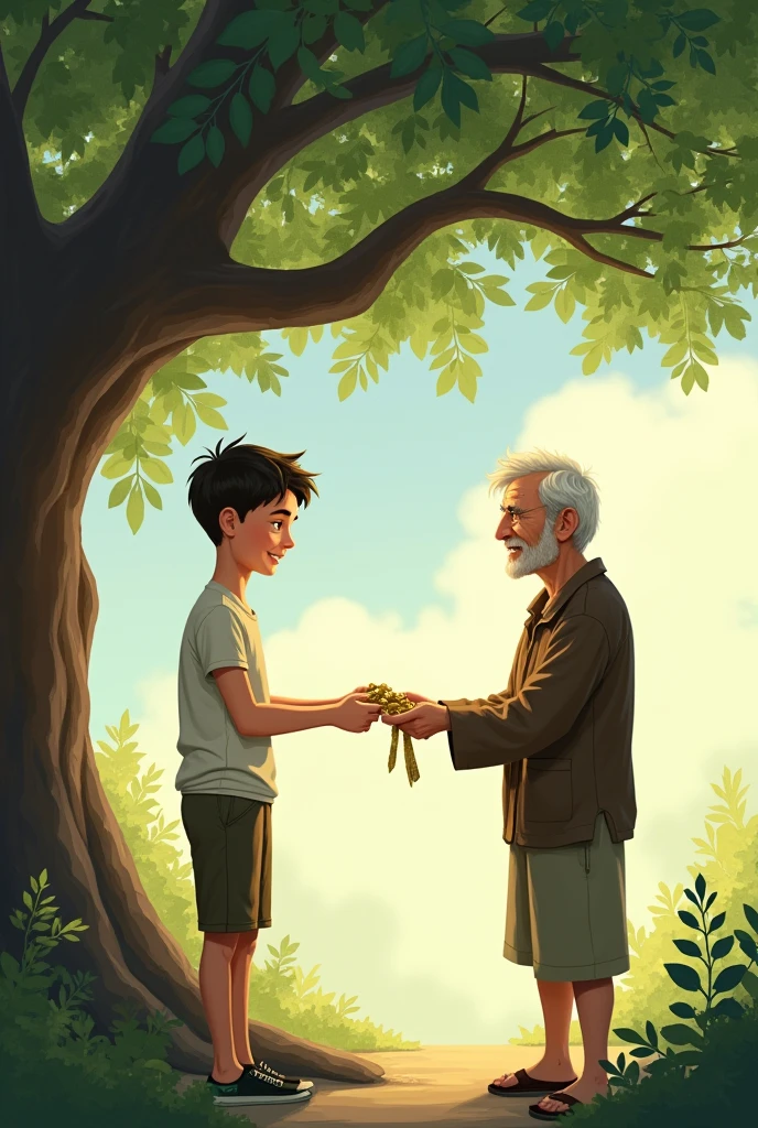 A boy Give money a poor old man Under a tree