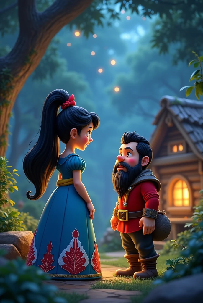 Princess with long, black hair tied up in a ponytail with a red ribbon. she wears a blue dress, Red and white with a yellow belt around the waist.
She is in the backyard of a wooden cottage in the middle of the forest at night. She is talking to a grumpy dwarf., He doesn't have a beard and has black hair.