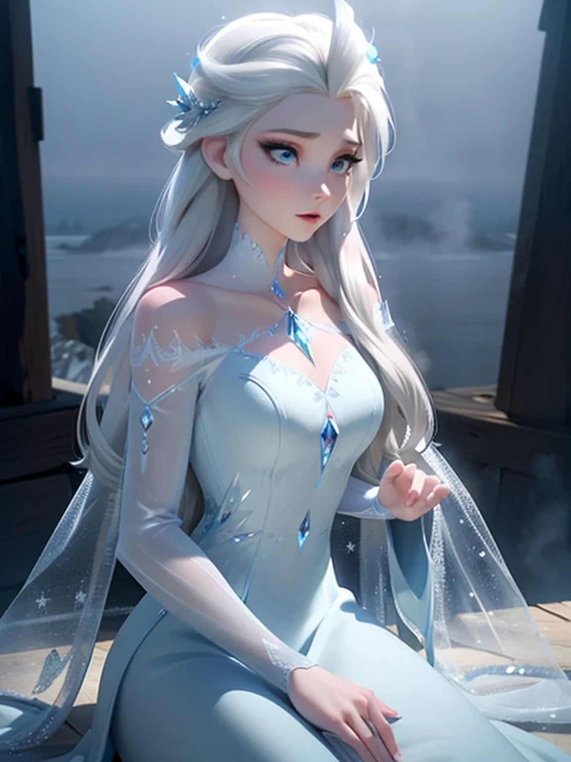 (((Foggy Background:1.3, fantastic mist, Mysterious Fog:1.3))), elsa of arendelle, long hair, white cape, blue ice dress, snow, ice, Crystal Castle, posing like a model, very beautiful face, crystals, dreamy and fantastical atmosphere, Ultimate beauty, Looking at the viewer, Winter Scenery, ((masterpiece, best quality, Highly detailed CG, high resolution)), 4k wallpaper