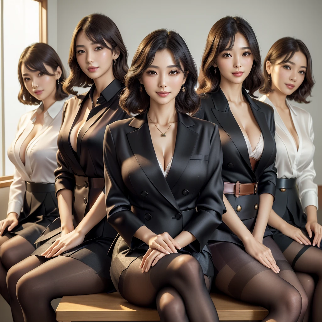 (best quality, masterpiece:1.5), (ultra-detailed, realistic:1.37),4K,(5woman:1.5),japanese,cute,beautiful,(silk office uniform:1.2),(skirt:1.2),(black pantyhose),(seiza),(big breast),(see through blouse),(bra),smile,