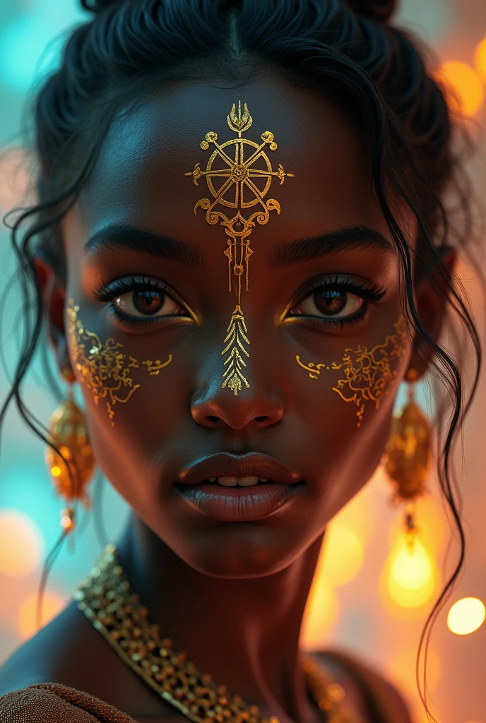 {Celestial hues, lofi, shiny aura, cute, black hair, big pretty realistic eyes, golden tribal markings} solo ((( perfect dark skintone, perfect flawless face))), highly detailed, holographic glowing motifs, geometric, perfect composition , beautiful, perfect eyes, full lips, 96k, best quality, full shot ))) (masterpiece, top quality, best quality, official art, beautiful and aesthetic:1.2), (1girl:1.3), extremely detailed,(fractal art:1.1),(colorful:1.1),highest detailed,(zentangle:1.2), (dynamic pose), (abstract background:1.5), (gradient dress:1.2), (shiny skin), (many colors:1.4), ,(earrings:1.4),