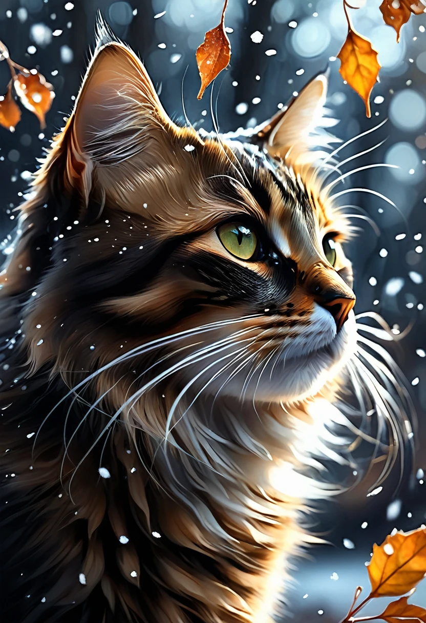 Midjourney, MJ, Midjourney style, poster, light background, close-up, mj, RTX, 4k, HDR, Anna Razumovskaya, Casey Baugh, Antonio Mora, Aminola Rezai, Giovanni Boldini, art, realistic art. cat, first snow, flakes, partial snow cover, film still, breathtaking, falling leaves, melancholic mood, nature's farewell in the rustling of gusts of wind, photorealism, film grain, film still, bokeh, intricate detail, perfect composition, beautiful detailed complexity Insanely Detailed Octane Rendering, 4k Fine Art Photography, Photorealistic Concept Art, Soft Natural Volume Cinematic Perfect Light, Chiaroscuro, Award Winning Photography, Masterpiece, Oil on Canvas,